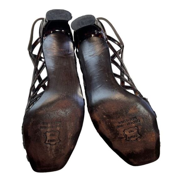 Stuart Weitzman Tangle Square Toe Patent Leather Strappy Sandals Tortoise Size 7 - Picture 5 of 8